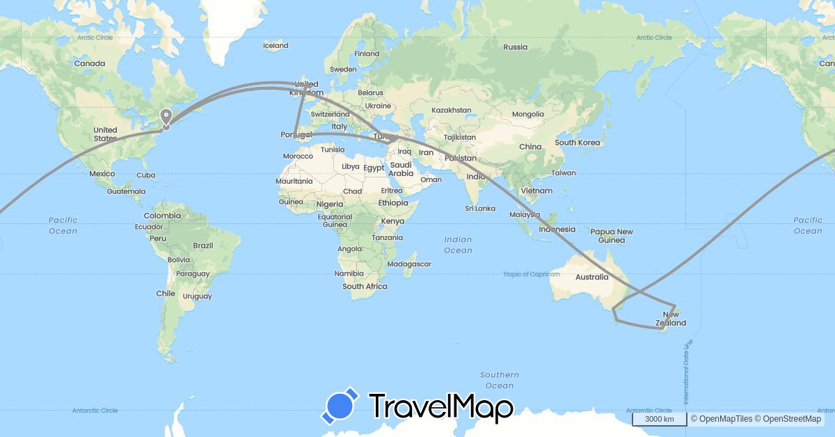 TravelMap itinerary: driving, plane in Australia, United Kingdom, New Zealand, Portugal, Turkey, United States (Asia, Europe, North America, Oceania)